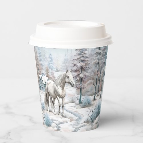 Horse winter scene snow forest Christmas Paper Cups