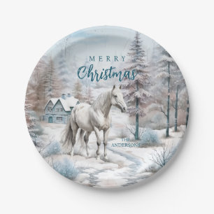 Horse winter scene snow forest Christmas Paper Plates