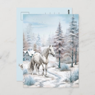 Horse winter scene snow forest Christmas Postcard