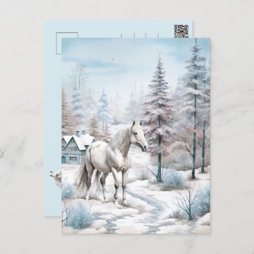 Horse winter scene snow forest Christmas Postcard