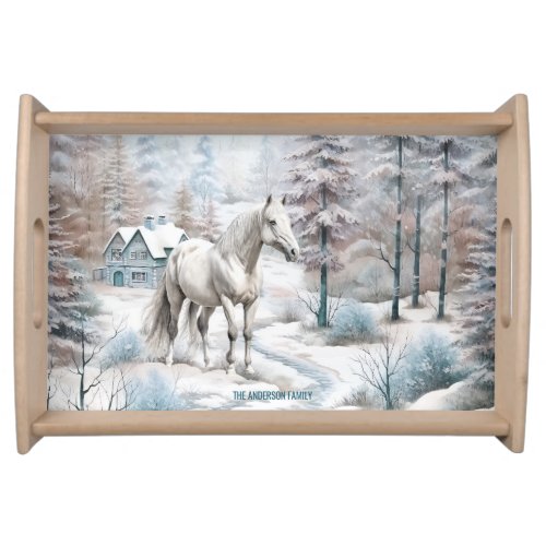 Horse winter scene snow forest Christmas Serving Tray