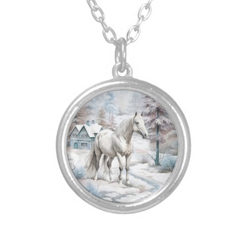 Horse winter scene snow forest Christmas Silver Plated Necklace