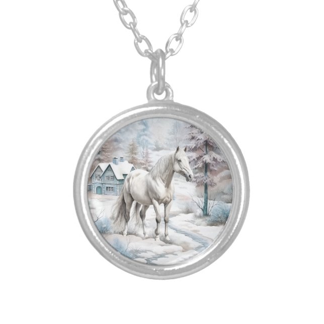 Horse winter scene snow forest Christmas Silver Plated Necklace (Front)