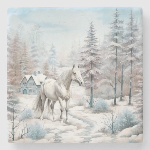 Horse winter scene snow forest Christmas Stone Coaster