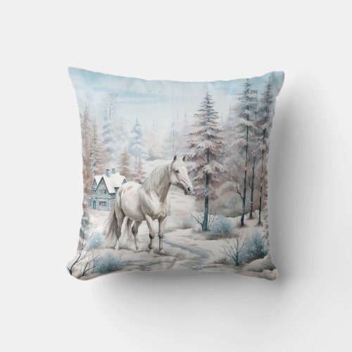 Horse winter scene snow forest Christmas Throw Pillow