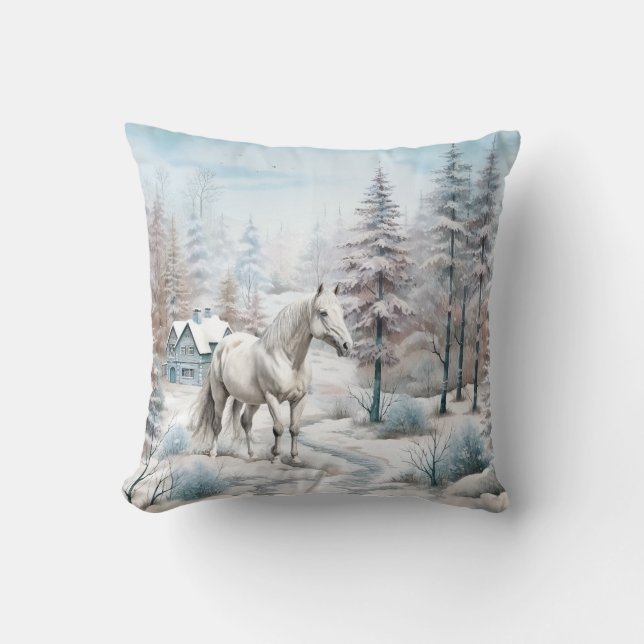 Horse winter scene snow forest Christmas Throw Pillow (Front)