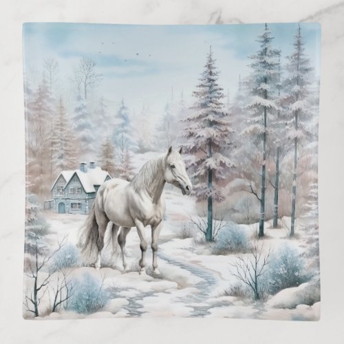 Horse winter scene snow forest Christmas Trinket Tray