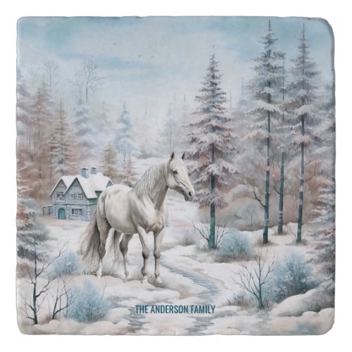 Horse winter scene snow forest Christmas Trivet