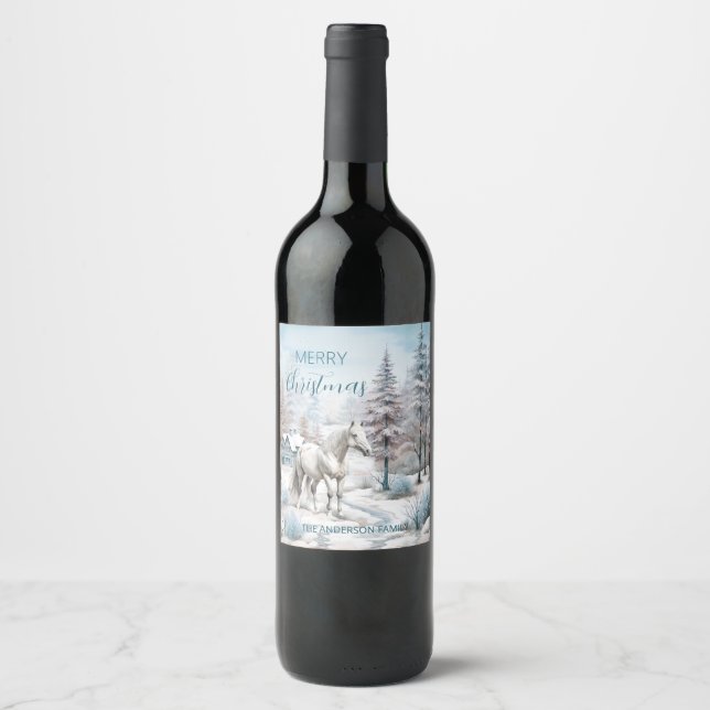 Horse winter scene snow forest Christmas Wine Label (Front)