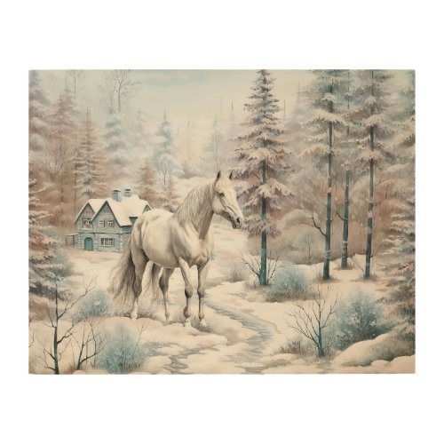 Horse winter scene snow forest Christmas Wood Wall Art