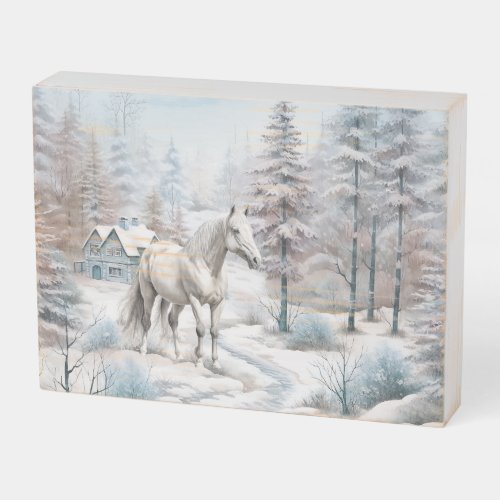 Horse winter scene snow forest Christmas Wooden Box Sign