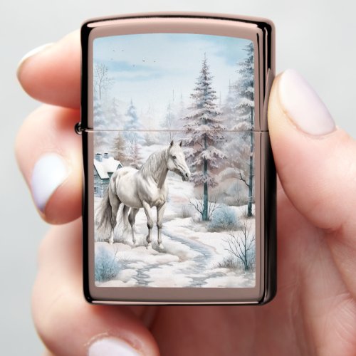 Horse winter scene snow forest Christmas Zippo Lighter