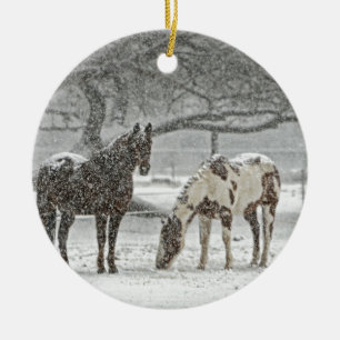 horse winter snow farm ranch animals snowy frozen ceramic ornament