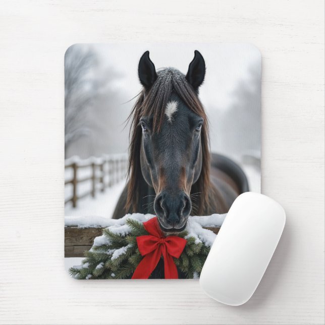 Horse With a Christmas Wreath Mouse Pad (With Mouse)
