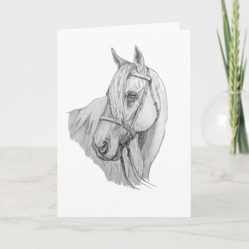 Horse with Flowing Mane Pencil Portrait Blank Card