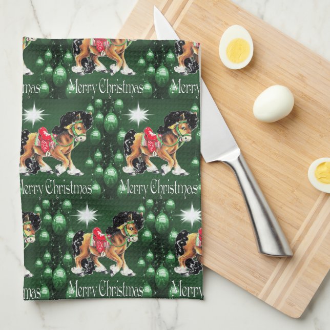 Horse With Green Ornaments  Green Merry Christmas Kitchen Towel (Quarter Fold)