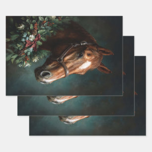 Horse with Holiday Wreath and Red Ribbon Wrapping Paper Sheets