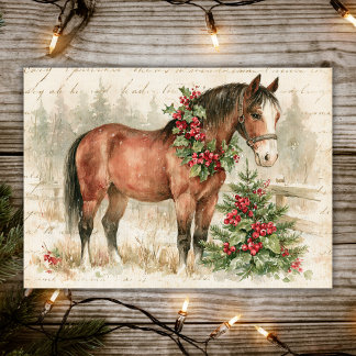 Horse with Holly Wreath and Christmas Tree Vintage Holiday Card
