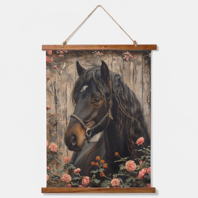 Horse with Pink Flowers Decoupage Hanging Tapestry (Front)