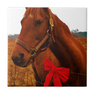 Horse with Red Bow Ceramic Tile