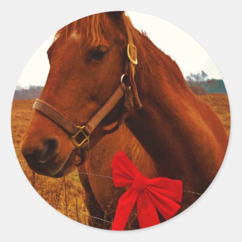Horse with Red Bow Classic Round Sticker