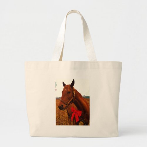 Horse with Red Bow Large Tote Bag