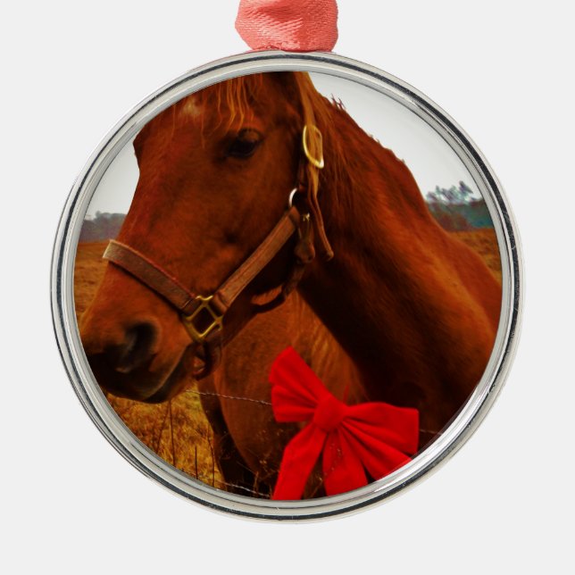 Horse with Red Bow Metal Ornament (Front)
