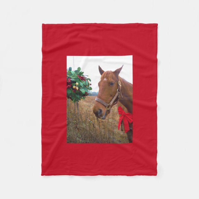 Horse with Red Bow Mistletoe Fleece Blanket (Front)