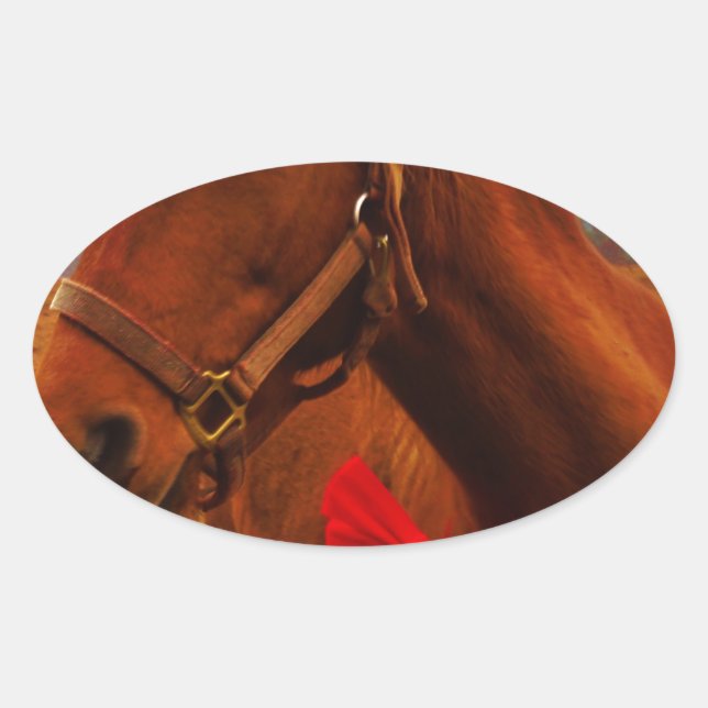 Horse with Red Bow Oval Sticker (Front)