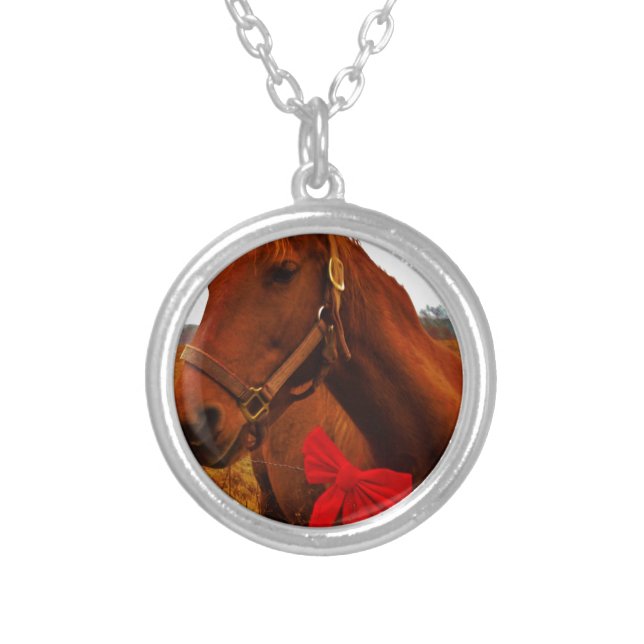 Horse with Red Bow Silver Plated Necklace (Front)