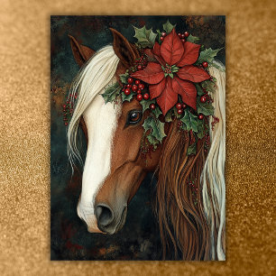 Horse with Red Poinsettia and Holly Christmas Holiday Card