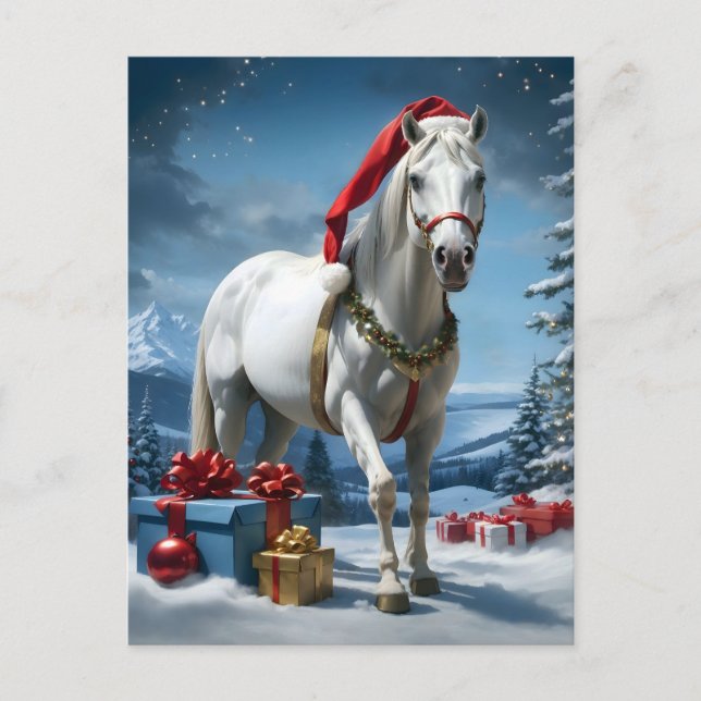 horse with santa hat and christmas gifts postcard (Front)