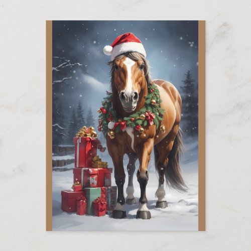 horse with santa hat and christmas gifts postcard