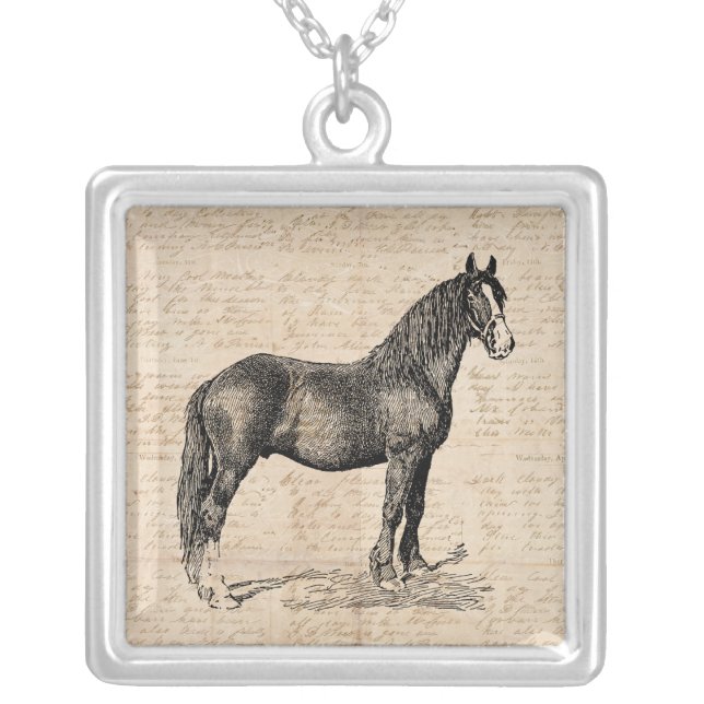 Horse with Script Paper Silver Plated Necklace (Front)