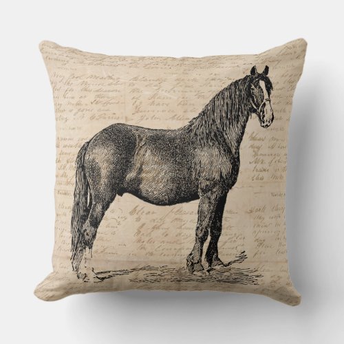 Horse with Script Paper Throw Pillow