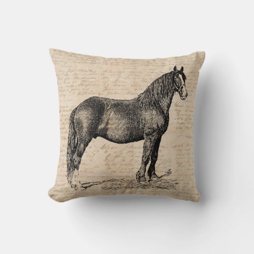 Horse with Script Paper Throw Pillow