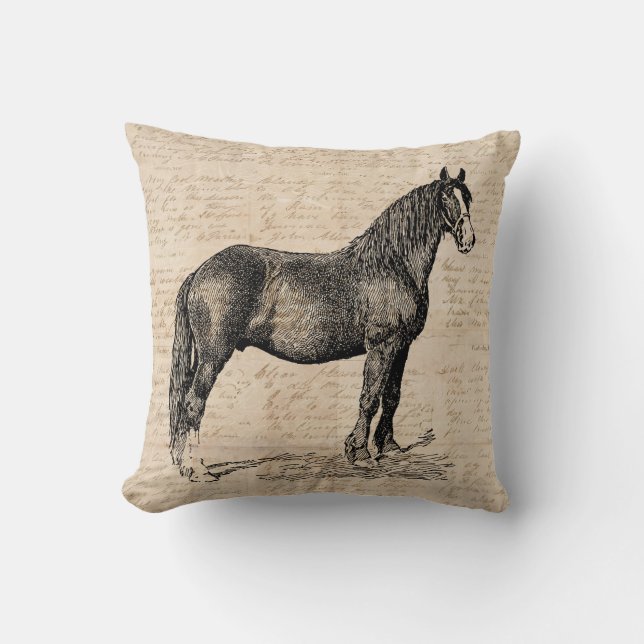 Horse with Script Paper Throw Pillow (Front)