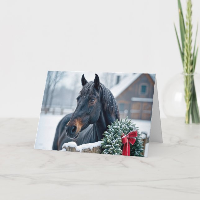 Horse With Snowy Christmas Wreath Holiday Card (Front)
