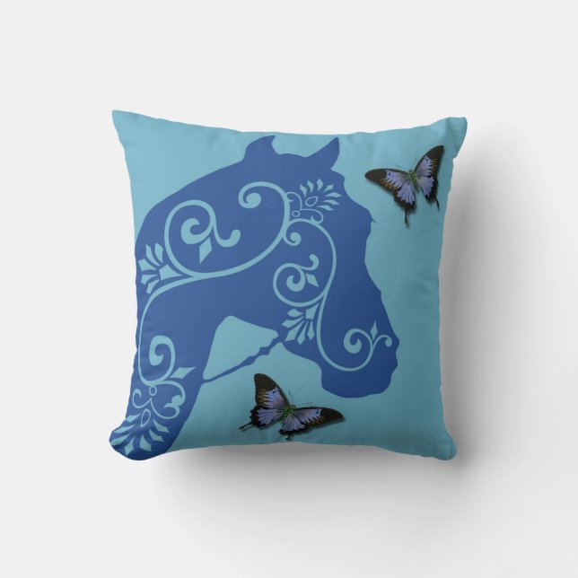 Horse with swirls in blue pillow (Front)
