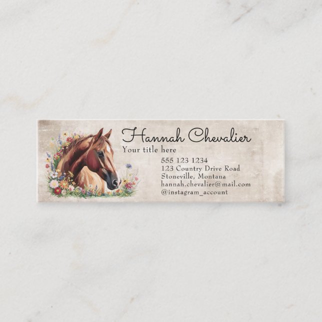 horse with wildflower, country equestrian mini business card (Front)
