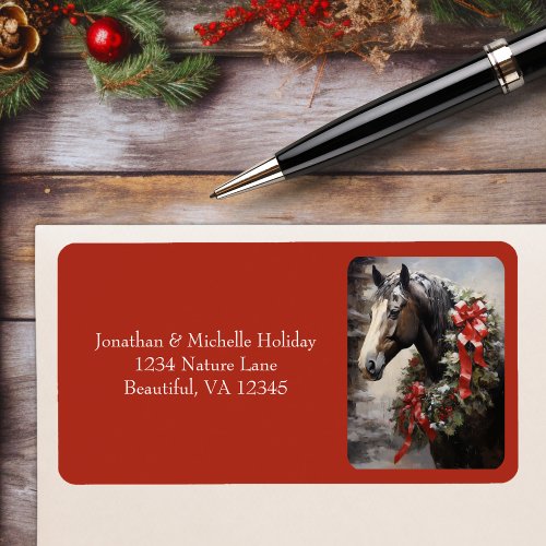 Horse with Winter Wreath Christmas Address Label
