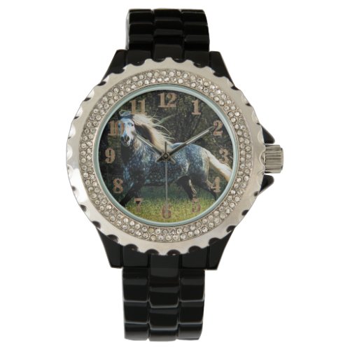 Horse Womens Rhinestone Black Enamel Watch