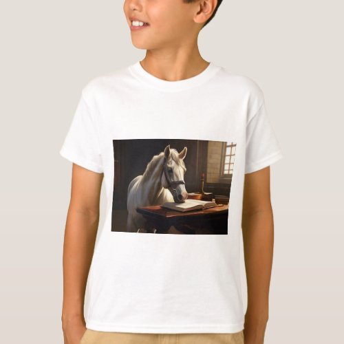 Horse Writing in a Book Drawing T_Shirt