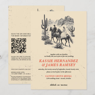 Horseback Canyon Couple with QR Code and Details Invitation