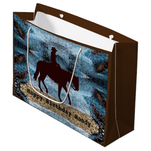 Horseback Cowboy Birthday Blue Large Gift Bag