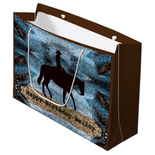 Horseback Cowgirl Birthday Blue Large Gift Bag