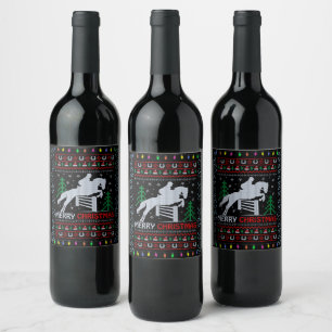 Horseback Riding Jumping Merry Christmas  Wine Label