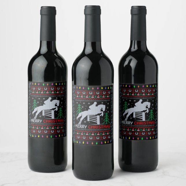 Horseback Riding Jumping Merry Christmas  Wine Label (Bottles)