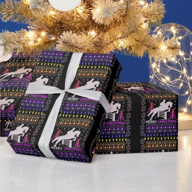 Horseback Riding Jumping Merry Christmas  Wrapping Paper (Holidays)