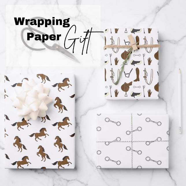 Horseback Riding Wrapping Paper Sheets (Horses, bits and horseback riding material, three designs)